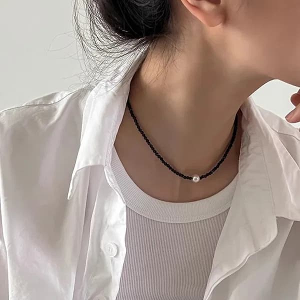 모스리나 진주 포인트 블랙 비즈 목걸이, 블랙_HDN0133, 1개