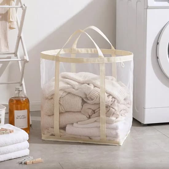접이식 메쉬 세탁 가방 대형 아이보리 40L 40x25x40cm 1개