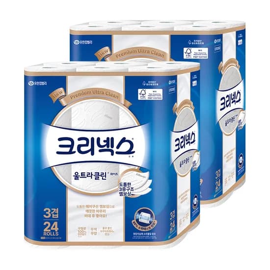 크리넥스 울트라클린, 3겹, 25m, 24롤, 2팩