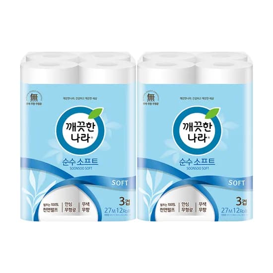 깨끗한나라 순수 소프트, 3겹, 27m, 12롤, 2팩