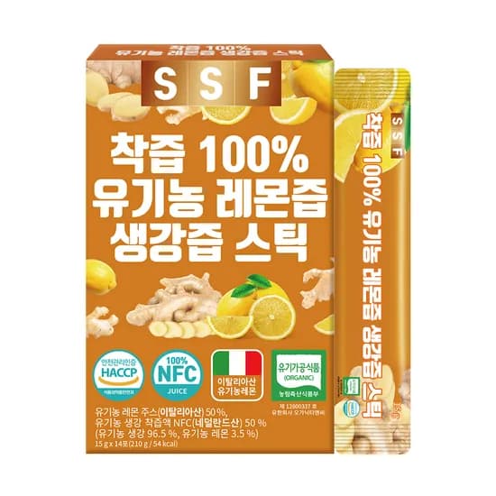 순수식품 착즙 100% 유기농 레몬즙 생강즙 스틱 15g 14포 1박스