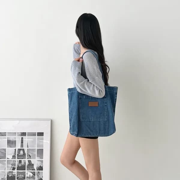 데일리 포켓 데님 에코백 진청 40x33cm 1개