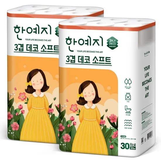 한예지 3겹 데코 소프트 무형광 천연펄프 화장지, 30m, 30롤, 2팩