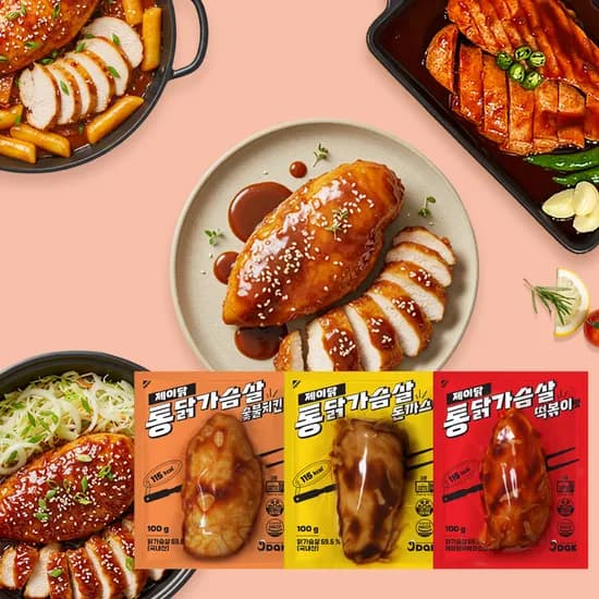 제이닭 통닭가슴살, 숯불치킨맛, 100g, 10개 + 돈까스맛, 100g, 10개 + 떡볶이맛, 100g, 10개