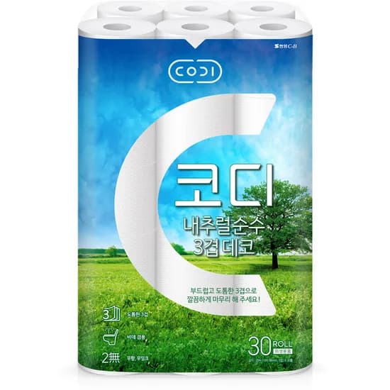 코디 내추럴 순수 화장지, 3겹, 20m, 30롤, 1팩