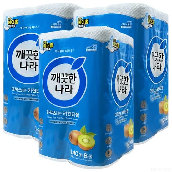 깨끗한나라 아껴쓰는 키친타월, 140매, 8롤, 3팩 깨끗한나라 아껴쓰는 키친타월, 140매, 8롤, 3팩