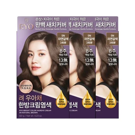 려 우아채 한방크림염색 자연갈색 5N 120g 3개