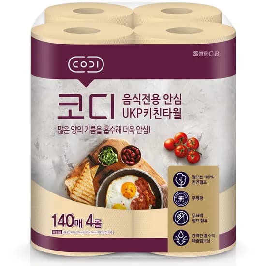 코디 음식전용 안심 천연펄프 UKP 키친타올 4롤 1개