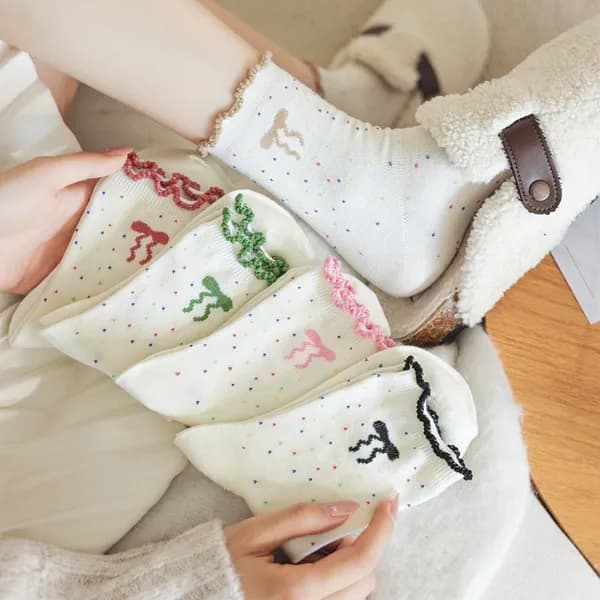 리본 무압박 발목 레이스 중목양말 골고루(색상랜덤) FREE 5켤레