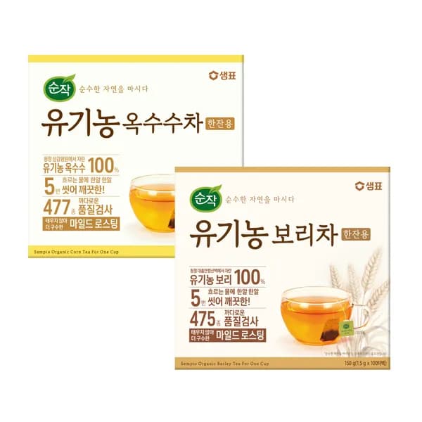 순작 한잔용 티백, 유기농 보리차 1개 + 옥수수차 1개, 1.5g, 2개 12,900원