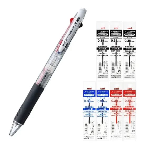 유니 제트스트림 3색 볼펜 0.38mm SXE3-400-38, 투명, 리필 7개 (흑3청2적2), 1세트