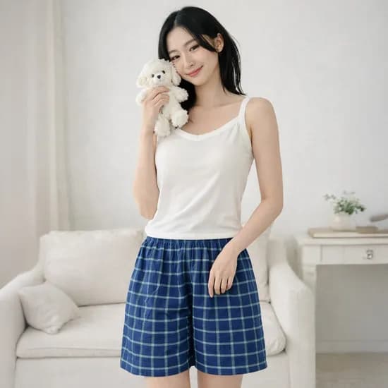 소소안 체크 밴딩 팬츠, 네이비, L, 1개