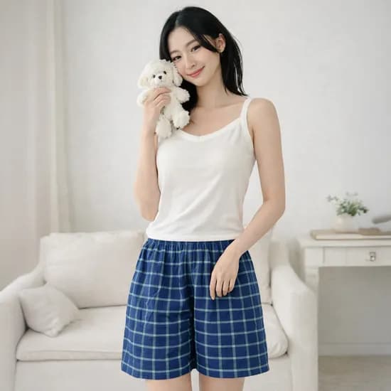 소소안 체크 밴딩 팬츠, 블루, L, 1개