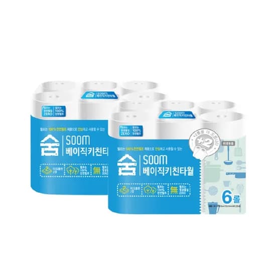 숨 베이직 키친타월 2겹 100매 6롤 2팩