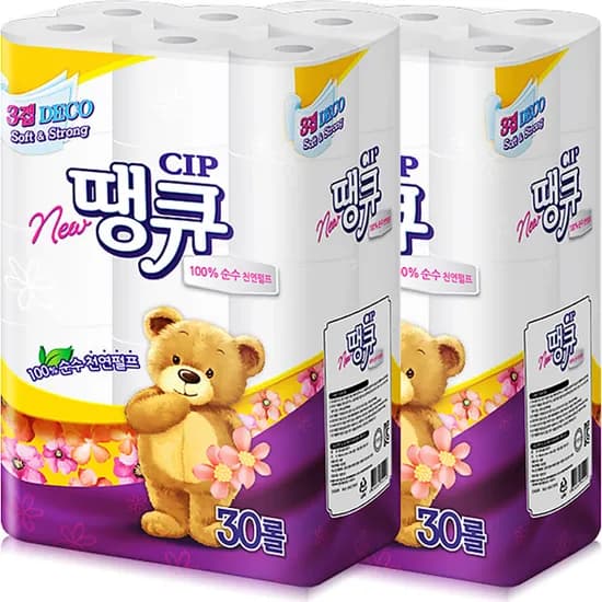 New 땡큐 3겹 천연펄프 롤화장지, 14m, 30롤, 2팩