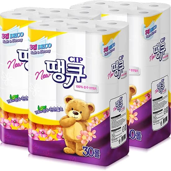 땡큐 순수 천연펄프 화장실용 화장지 3겹, 30롤, 3팩