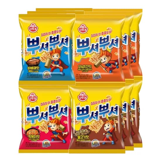 오뚜기 뿌셔뿌셔 라면스낵 4종 불고기맛 3개 바베큐맛 3개 양념치킨맛 3개 떡볶이맛 3개 1세트