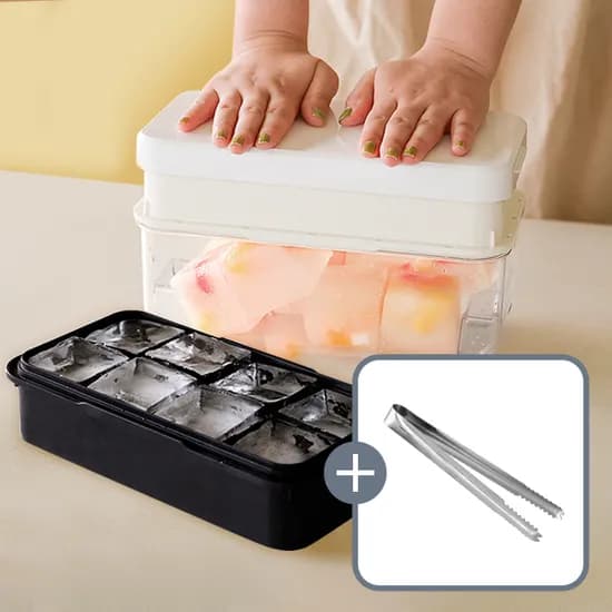 네이쳐리빙 실리콘 푸쉬 왕얼음 트레이 보관통, 2단, 화이트, 1개 + 전용집게, 1개, 1세트