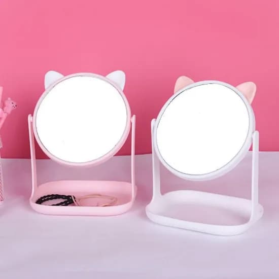 고양이 귀 탁상 수납 거울, 핑크, 1개