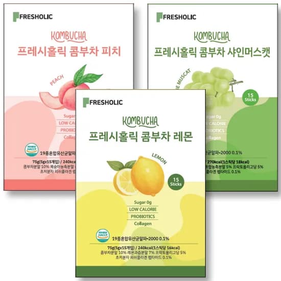 프레시홀릭 콤부차, 레몬 5g 15개입 + 피치 5g 15개입 + 샤인머스캣 5g 15개입, 1세트