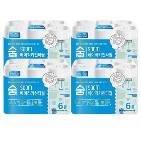 숨 베이직 키친타월 2겹 100매 6롤 4팩