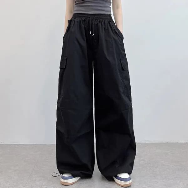 핀턱 스트링 카고 빅와이드 팬츠 블랙 S-M 1개 17,900원