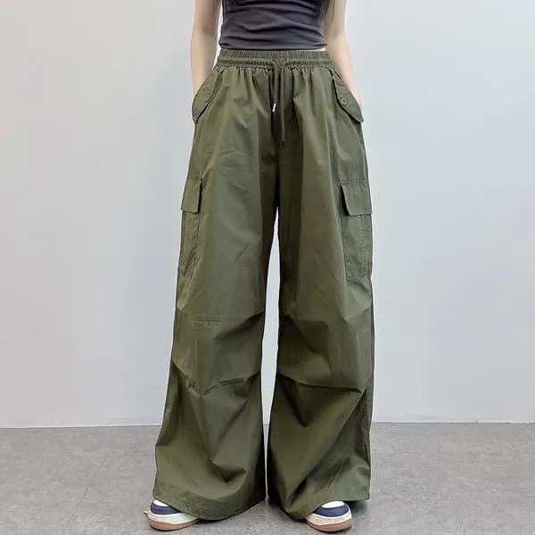 핀턱 스트링 카고 빅와이드 팬츠 카키 L-XL