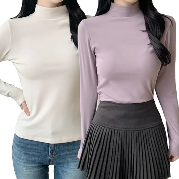 허블리 도톰 기모 하프넥 티셔츠 블랙·크림·진베이지·라이트퍼플·차콜 각 1개 (FREE, 5개)