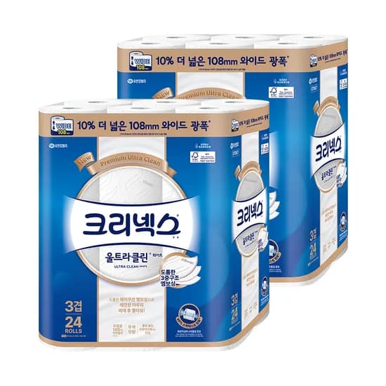크리넥스 울트라클린 화이트 와이드 광폭, 3겹, 30m, 24롤, 2팩