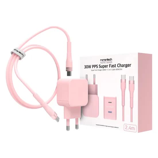로랜텍 파스텔 PPS 초고속 충전기 CtoC 60W 케이블 세트 파스텔 핑크 2.4m 1세트