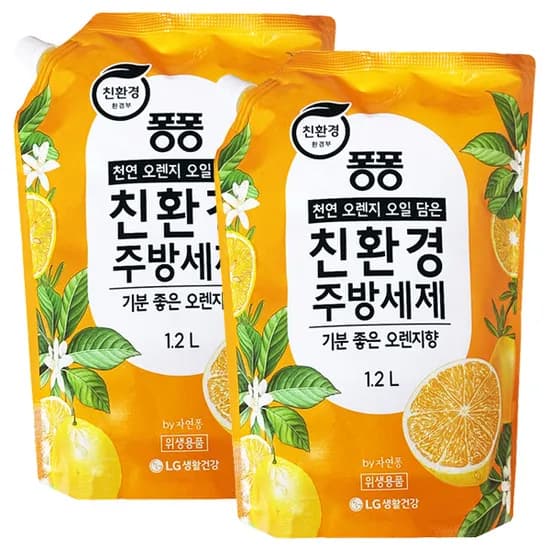 LG생활건강 퐁퐁 친환경 주방세제 리필형 오렌지 1.2L 2개
