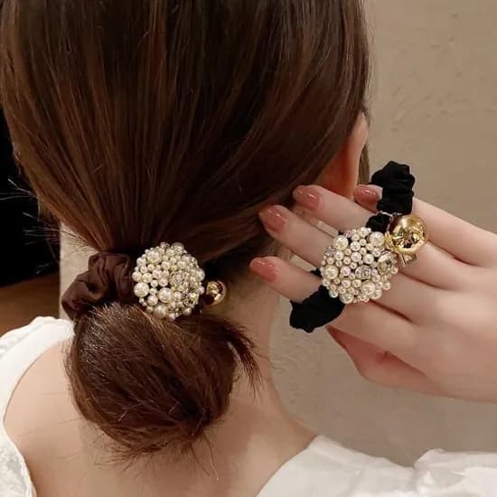 다이아 진주 곱창 헤어끈, 블랙 2개, 브라운 2개, 3.2cm