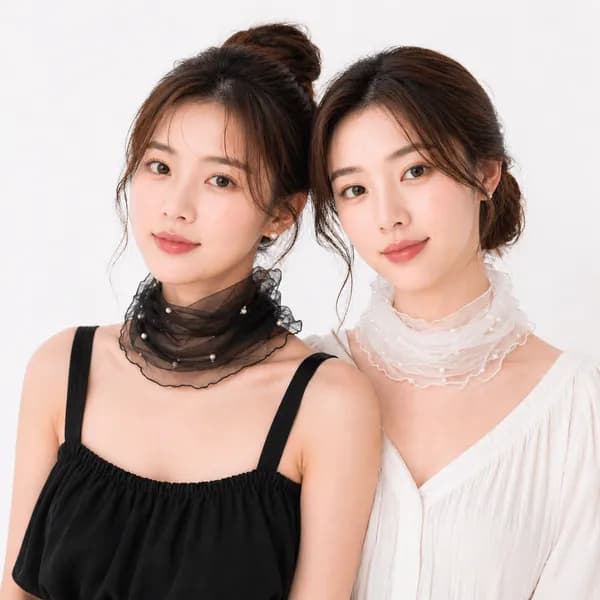 진주 쉬폰 목주름커버 스카프 블랙+화이트 43x23cm 2개