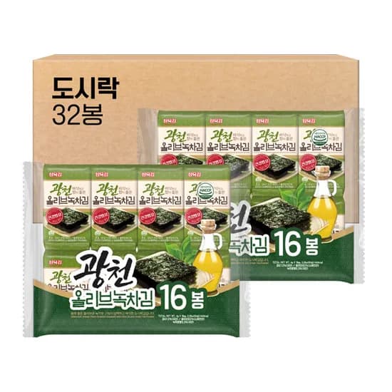 삼육김 광천 올리브 녹차 도시락김, 4g, 16봉, 2개