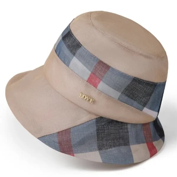 여성 체크 쉬폰 숏챙 버킷햇 베이지 10cm*18cm*7cm 1개