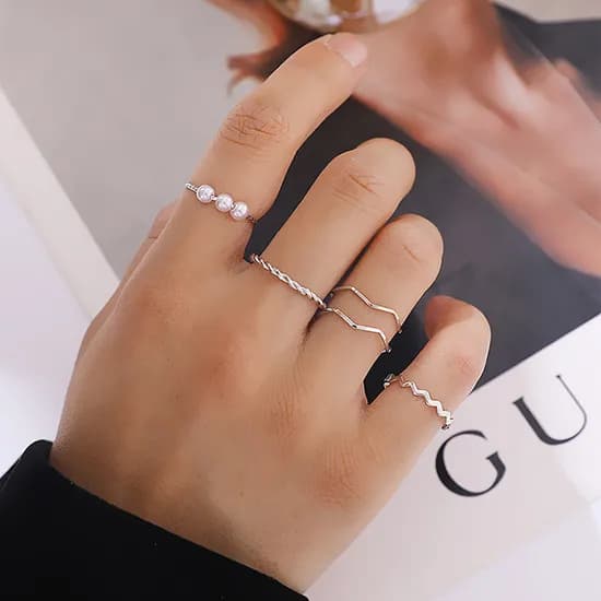 드마엘 심플 레이어드 링 5종 세트, 실버, 1.6mm~1.9mm