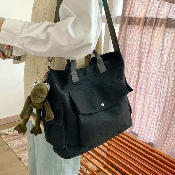 포켓 캔버스 크로스백 블랙 34x32x12cm 1개