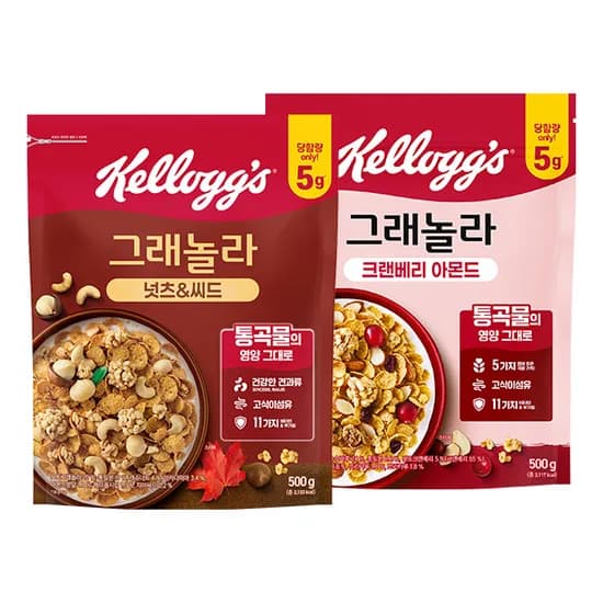 켈로그 크렌베리 아몬드 그래놀라 500g + 넛츠 앤 씨드 그래놀라 500g, 1세트