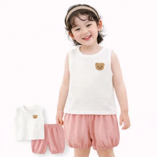 베어 린넨 민소매 상하 아동 상하복 나시 세트 여름 데일리룩 통기성 냉감 소재 외출복 실내복, 핑크, 100