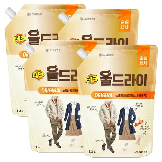 LG 생활건강 테크 울드라이 리필 오리지널 1.3L 4개