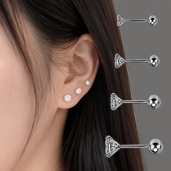 의료용 티타늄 지르코니아 큐빅 피어싱 귀걸이 실버 6mm 1쌍