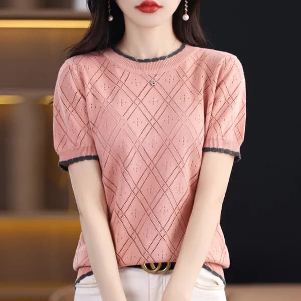 더벨러리 여성 체크 펀칭 반팔 니트 BKN4071 핑크 L 1개 22,134원