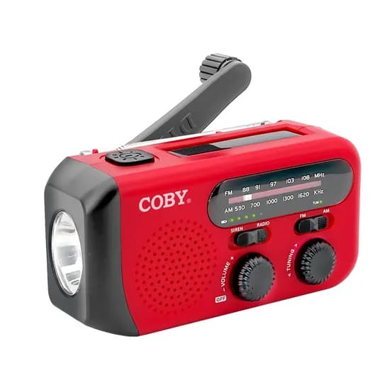 COBY 크랭크 재난 라디오, SOS119-CRANK, 휴대용, C타입 충전, 레드, 1개