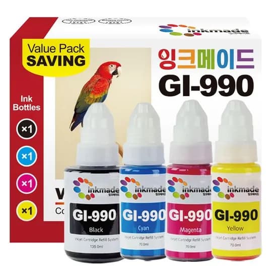 잉크매이드 캐논 GI-990 호환 잉크 4색세트, 검정+파랑+빨강+노랑, 1세트