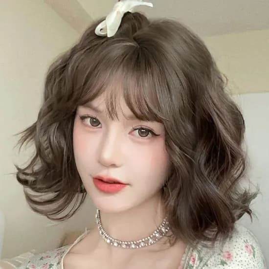 여성 2컬러 고열사 단발머리 웨이브 통가발 전체가발, 콜드브라운, 1개