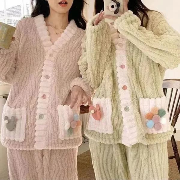 여성 플라워포켓 극세사 겨울 수면잠옷 파자마 상하세트 레몬민트 원사이즈
