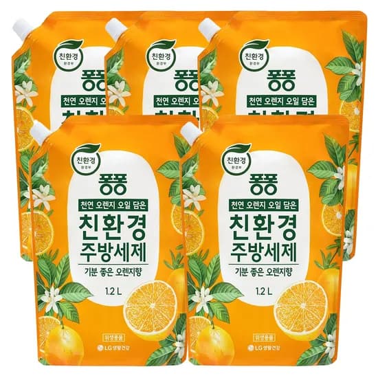 LG생활건강 퐁퐁 친환경 주방세제 리필형 오렌지 1.2L 5개