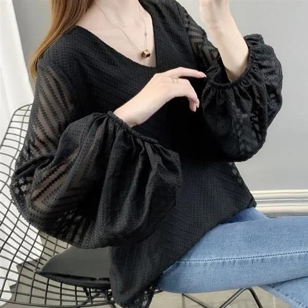 시스루 퍼프소매 브이넥 블라우스 블랙 M