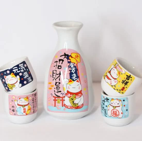 이스트블루 일본식 도자기 사케소주 잔 5종 250ml, 뚱고양이, 5개