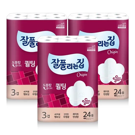 잘풀리는집 퀼팅 3겹 와이드광폭 화장지, 24롤, 30m, 3팩